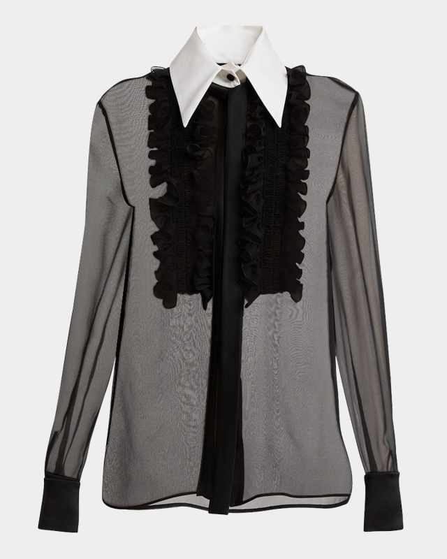 Ruffle-Bib Sheer Blouse